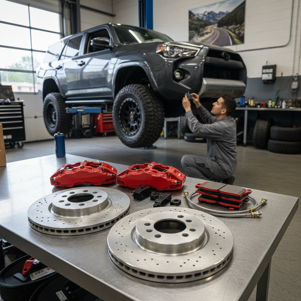 A high-performance Toyota Big Brake Kit featuring multi-piston calipers and carbon ceramic rotors installed on a modern sport