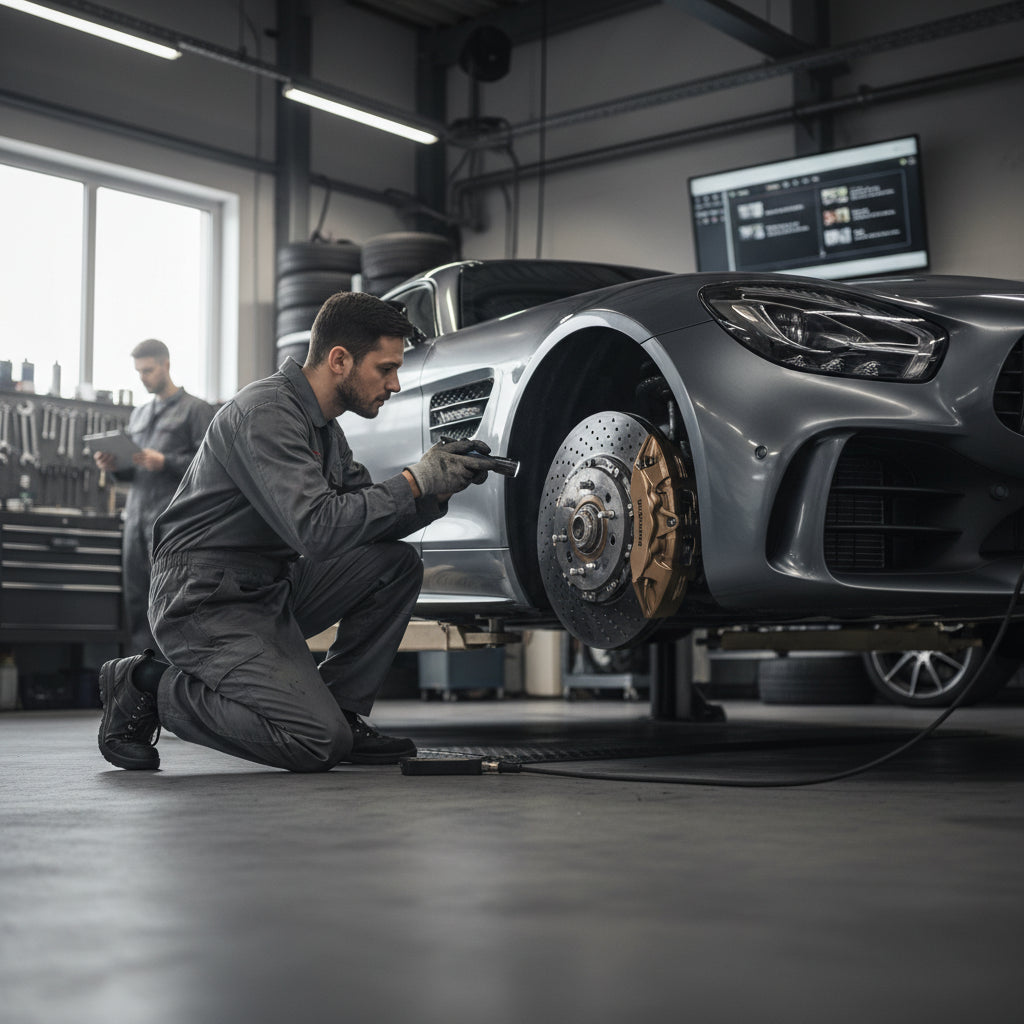 A close-up view of the gold-caliper carbon ceramic brake system installed on a Mercedes-AMG GT