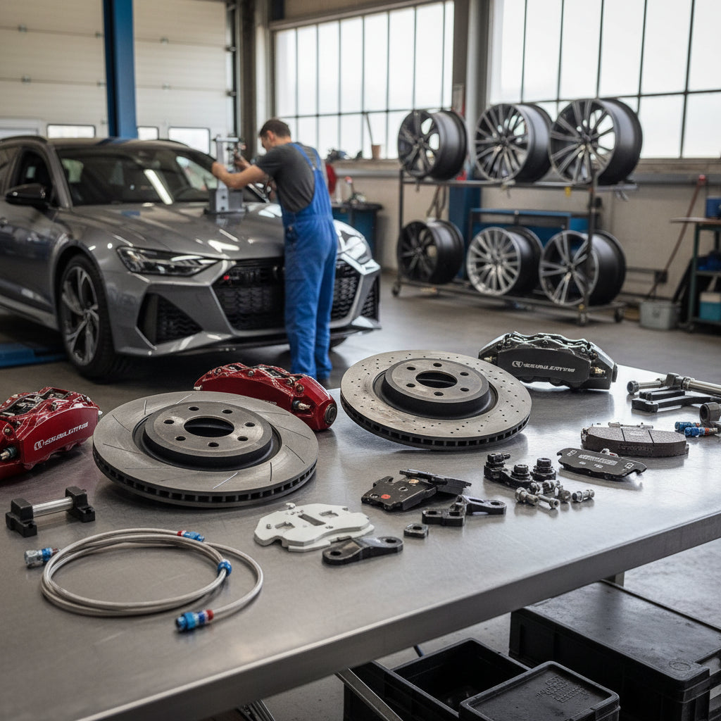 A high-performance Audi Big Brake Kit featuring 10-piston calipers and oversized carbon ceramic rotors for an RS6