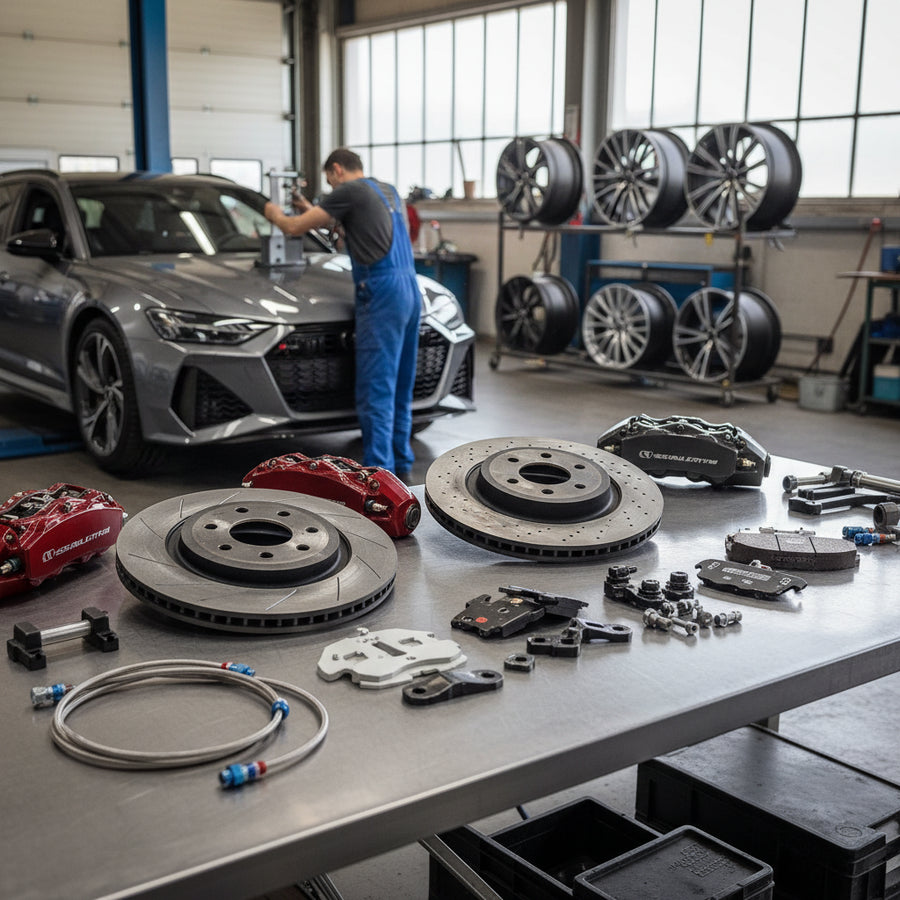 A high-performance Audi Big Brake Kit featuring 10-piston calipers and oversized carbon ceramic rotors for an RS6