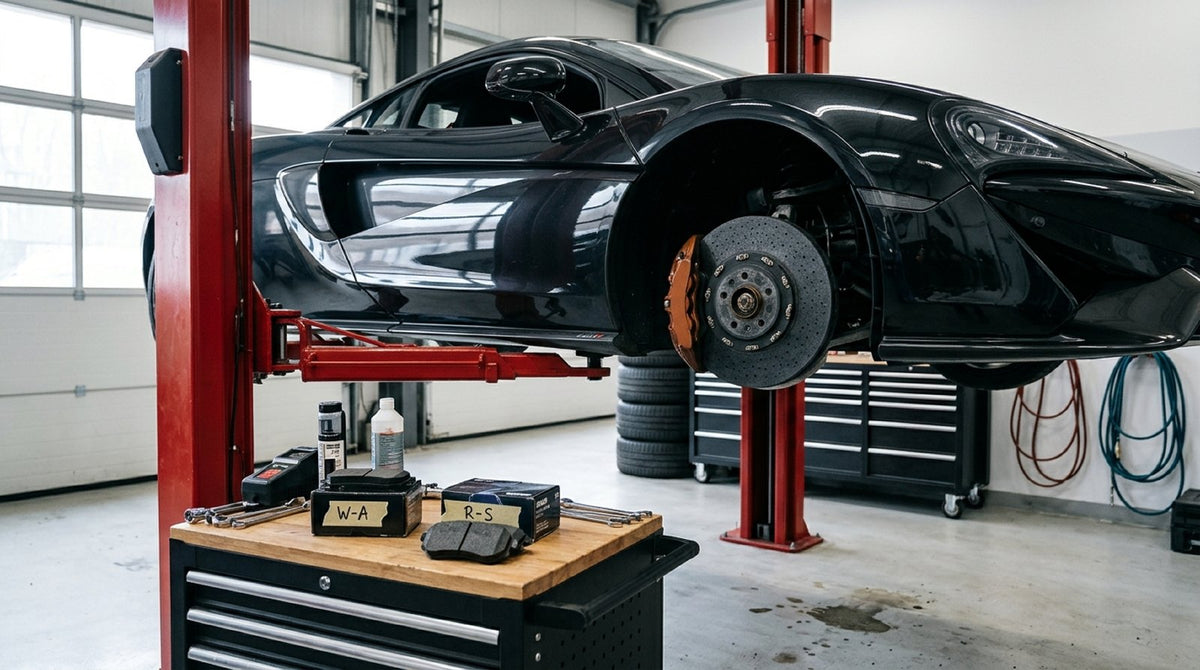 Performance brake caliper with Endless W007 and Pagid RSC1 brake pads resting near a carbon ceramic rotor