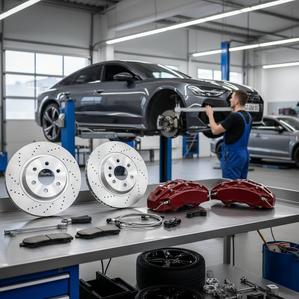High-performance Audi Big Brake Kit components including calipers and carbon ceramic rotors for an RS7