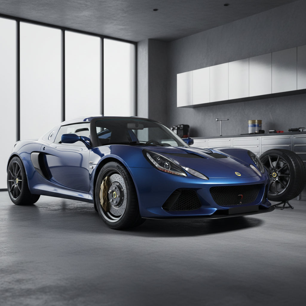 Close-up of a carbon ceramic brake rotor and caliper assembly behind the lightweight alloy wheels of a Lotus Exige
