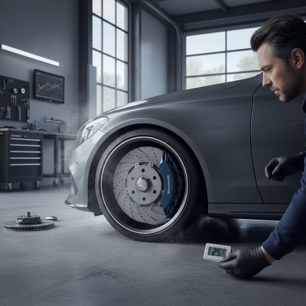 A Mercedes-Benz C300 Sport brake assembly featuring carbon ceramic rotors and performance calipers on a cold morning