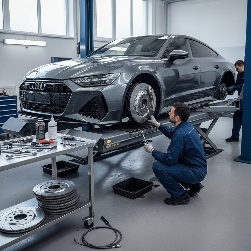 A close-up of an Audi RS6 C8 carbon ceramic brake rotor and caliper setup showing the intricate carbon fiber reinforced silic