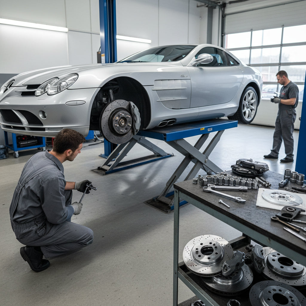 The front wheel and brake assembly of a Mercedes-Benz SLR McLaren featuring large carbon ceramic rotors and silver calipers