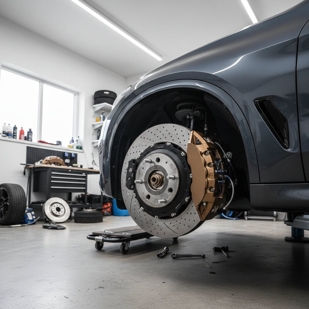 A close-up of a high-performance braking system featuring a large 10-piston caliper and carbon ceramic rotor behind a large a