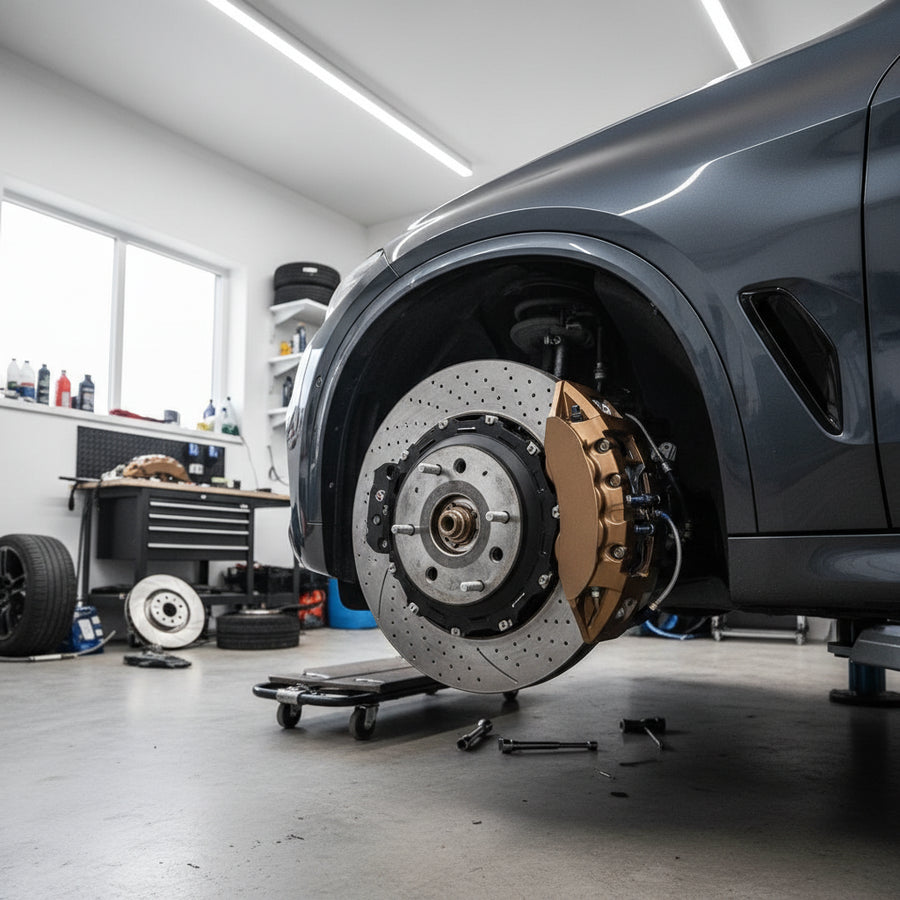 A close-up of a high-performance braking system featuring a large 10-piston caliper and carbon ceramic rotor behind a large a