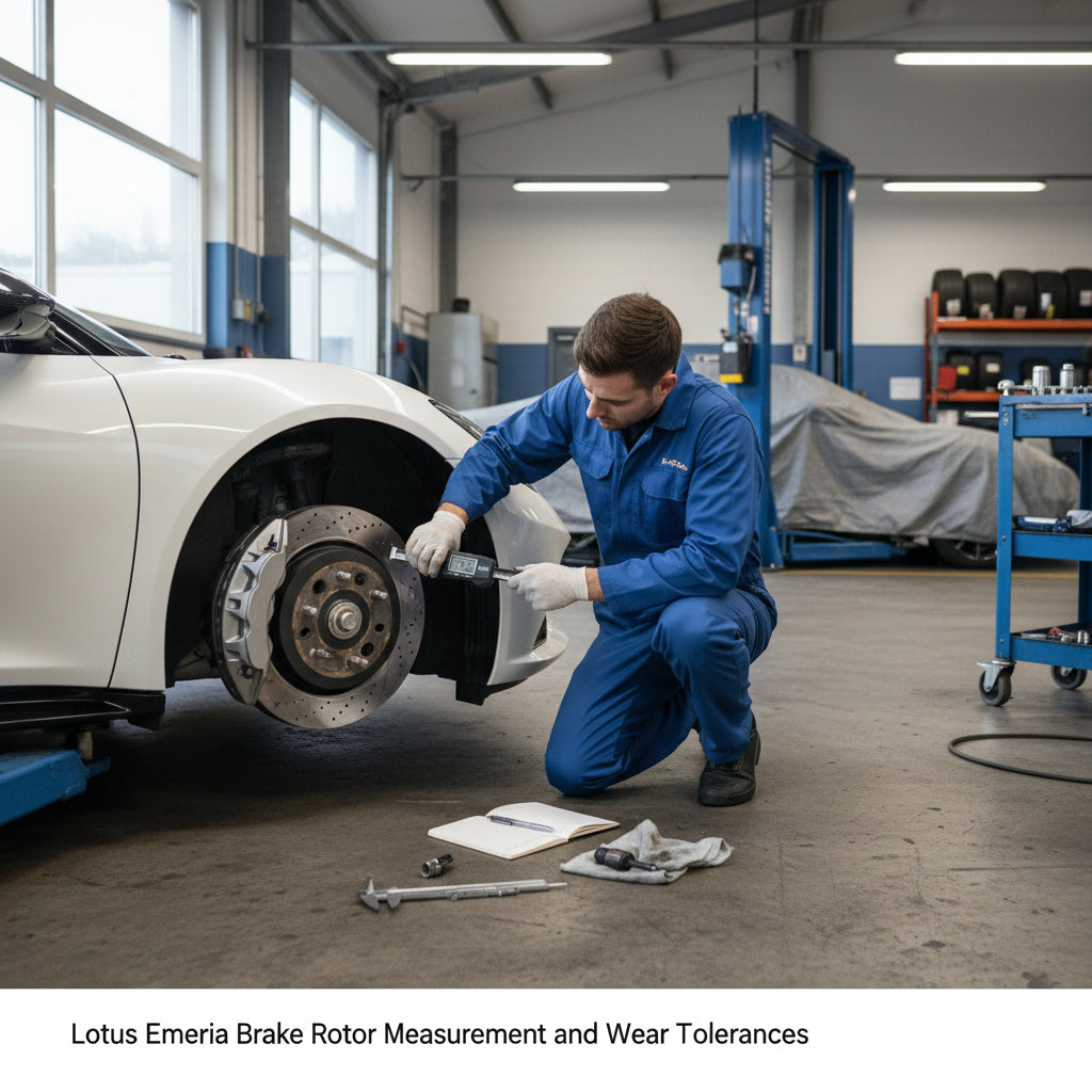 A detailed inspection of a Lotus Emira two-piece brake rotor showing measurement points for thickness and wear analysis