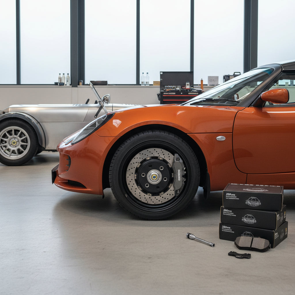 A high-performance 280mm carbon ceramic brake disc and specialized lightweight caliper for Lotus Elise and Caterham vehicles