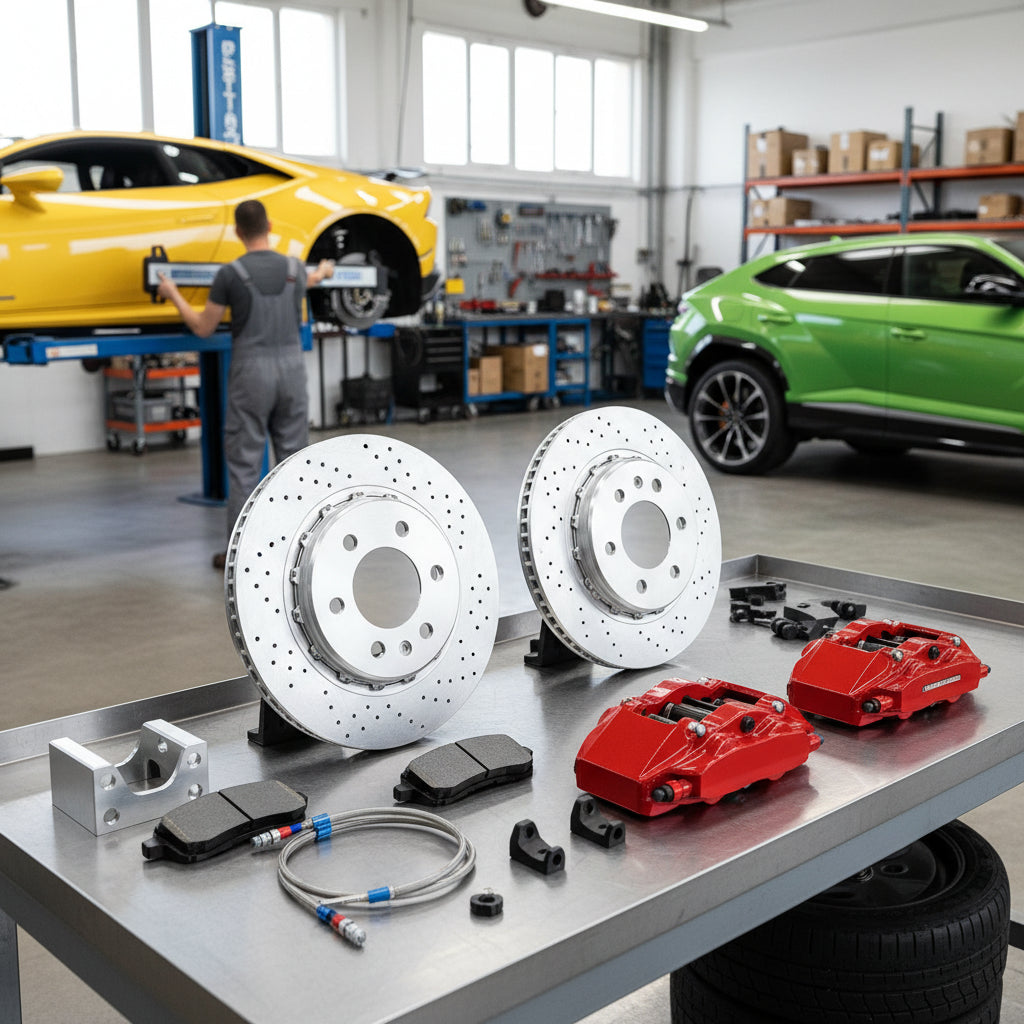 A high-performance Lamborghini Big Brake Kit featuring large carbon ceramic rotors and multi-piston calipers for maximum stop