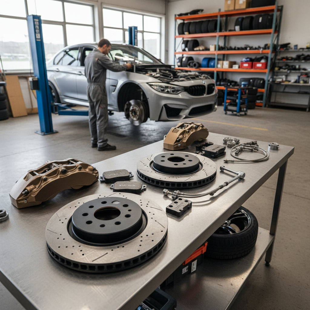 A high-performance BMW Big Brake Kit featuring large calipers and carbon ceramic rotors for improved stopping power