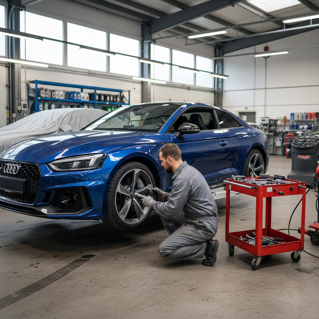 Close-up view of a 2019-2020 Audi RS5 B9 chassis showcasing its high-performance brake caliper and rotor assembly