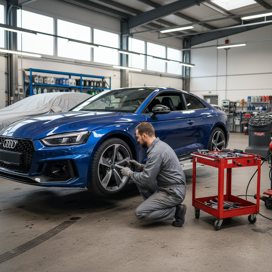 Close-up view of a 2019-2020 Audi RS5 B9 chassis showcasing its high-performance brake caliper and rotor assembly