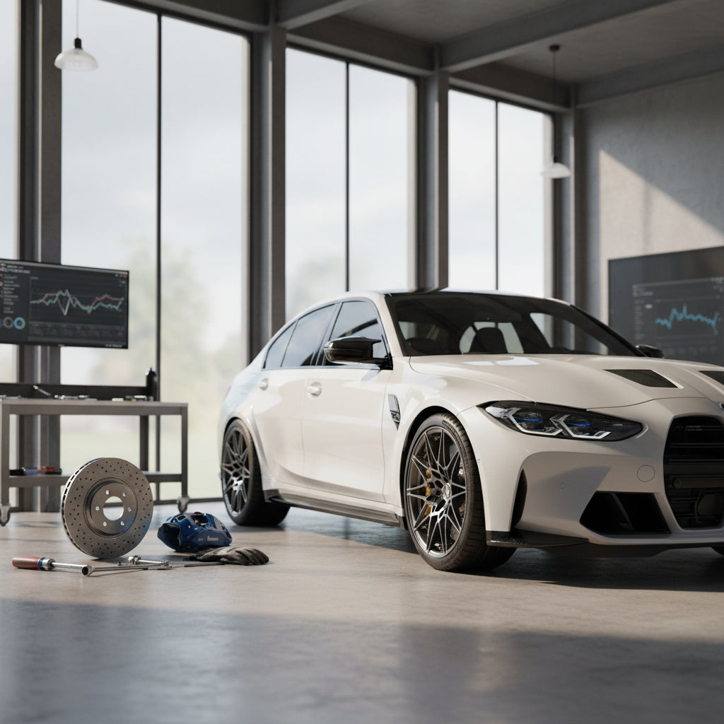A gold-caliper BMW M3 G80 Carbon Ceramic Brake assembly showing the cross-drilled ceramic rotor and wheel fitment