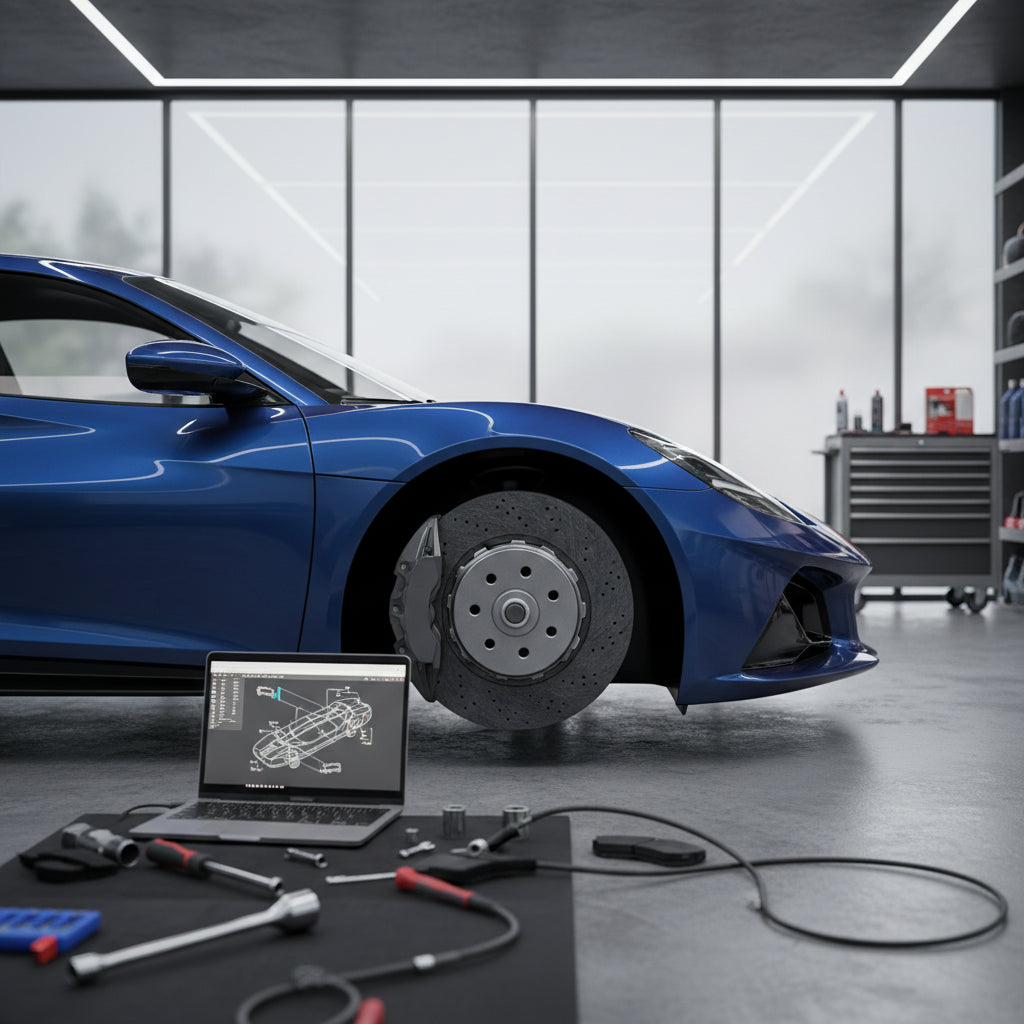 A high-performance Lotus sports car wheel assembly showcasing a large diameter carbon ceramic brake rotor and multi-piston ca