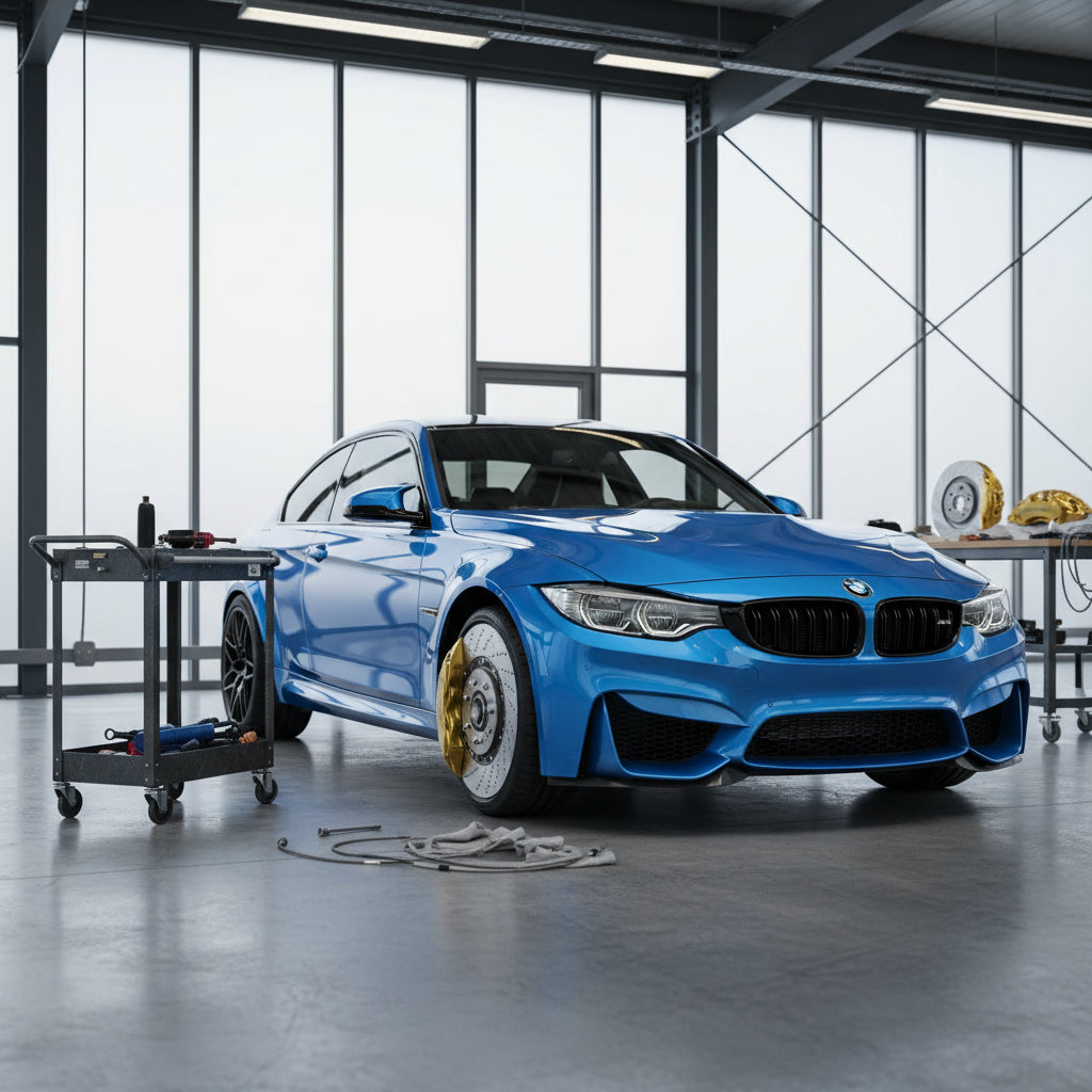 A complete genuine BMW Carbon Ceramic Brake retrofit kit including gold calipers and ceramic rotors for F80 M3 and F82 M4