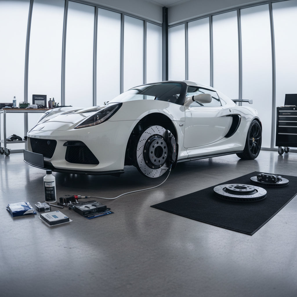 A set of high-performance aftermarket brake rotors and pads compatible with the Lotus Exige chassis