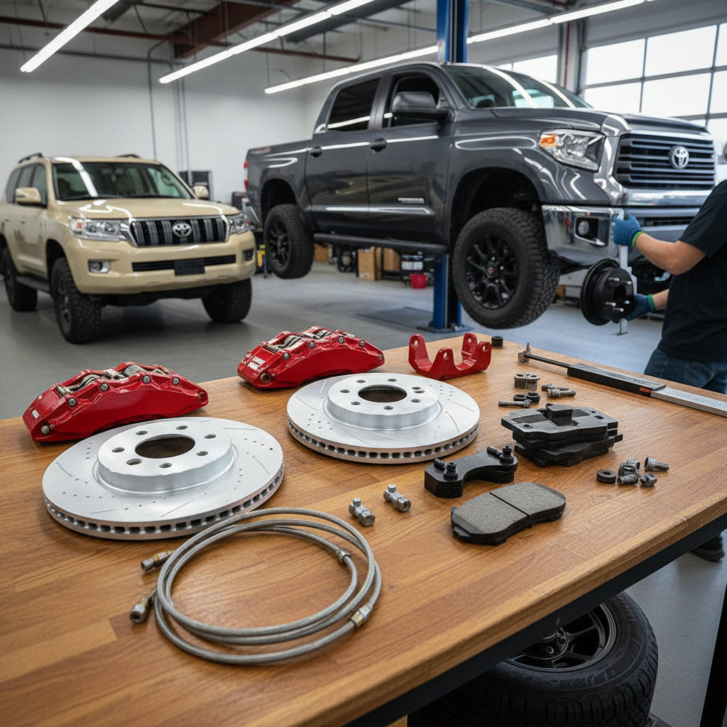 A high-performance Toyota Big Brake Kit featuring multi-piston calipers and oversized rotors for heavy-duty towing applicatio