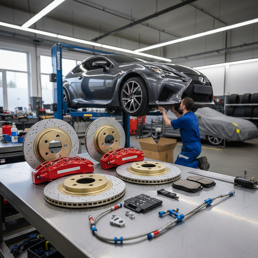 A high-performance Lexus Big Brake Kit featuring large multi-piston calipers and carbon ceramic rotors for improved stopping