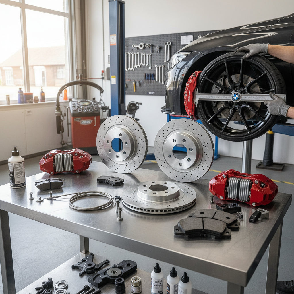 A high-performance BMW Big Brake Kit featuring large calipers and carbon ceramic rotors installed on a performance vehicle