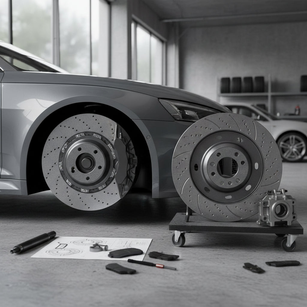 A close-up of a large Audi RS carbon ceramic brake rotor and caliper assembly on a high-performance vehicle