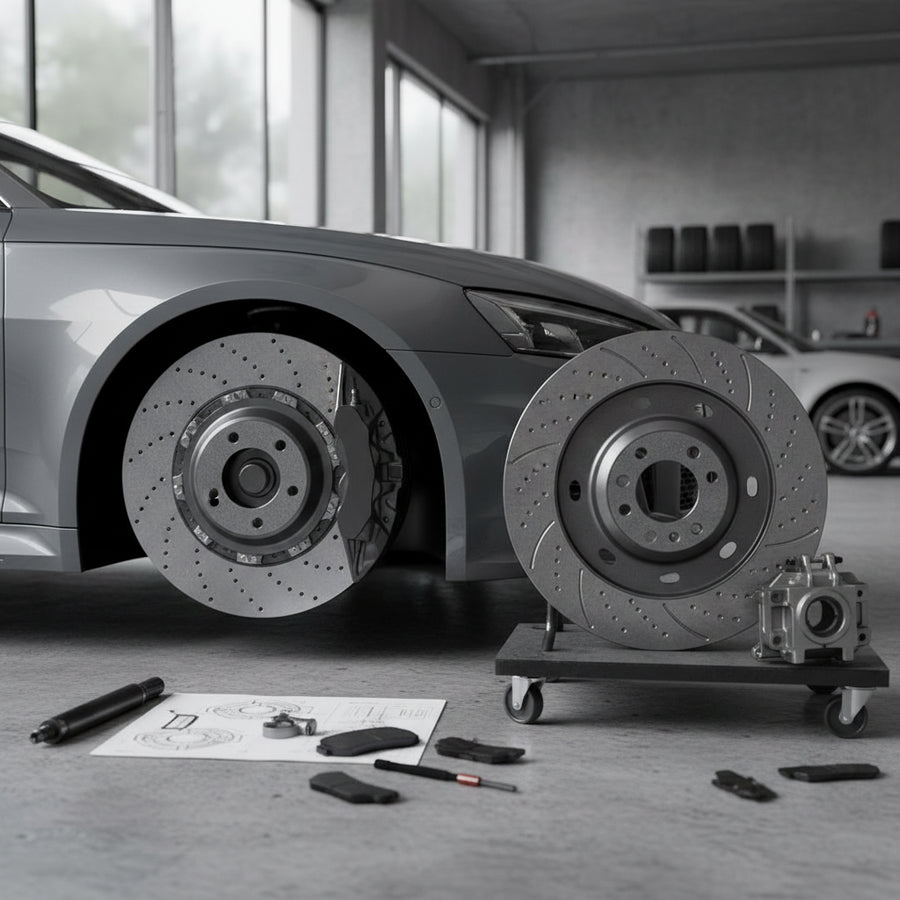 A close-up of a large Audi RS carbon ceramic brake rotor and caliper assembly on a high-performance vehicle