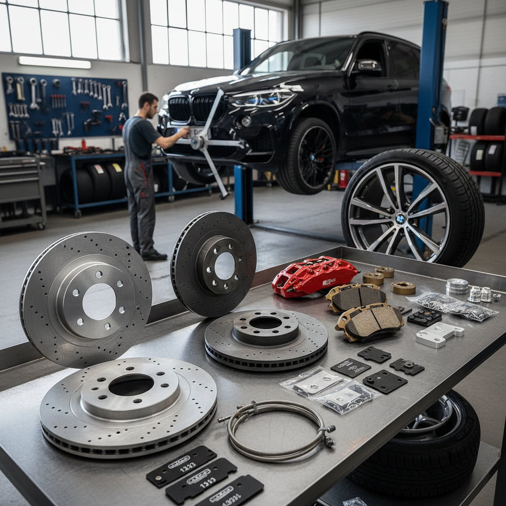 A high-performance BMW Big Brake Kit featuring carbon ceramic rotors and multi-piston calipers for an X5M SUV