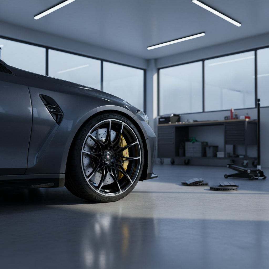 A gold brake caliper and carbon ceramic rotor on a BMW G80 M3 wheel during cold weather daily driving