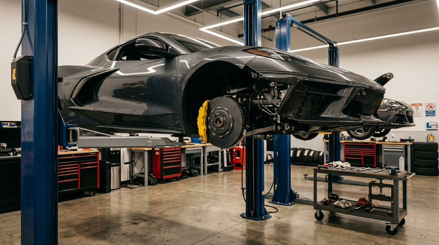 Inspecting how long carbon ceramic brake rotors last on a vehicle hub using precision measuring tools