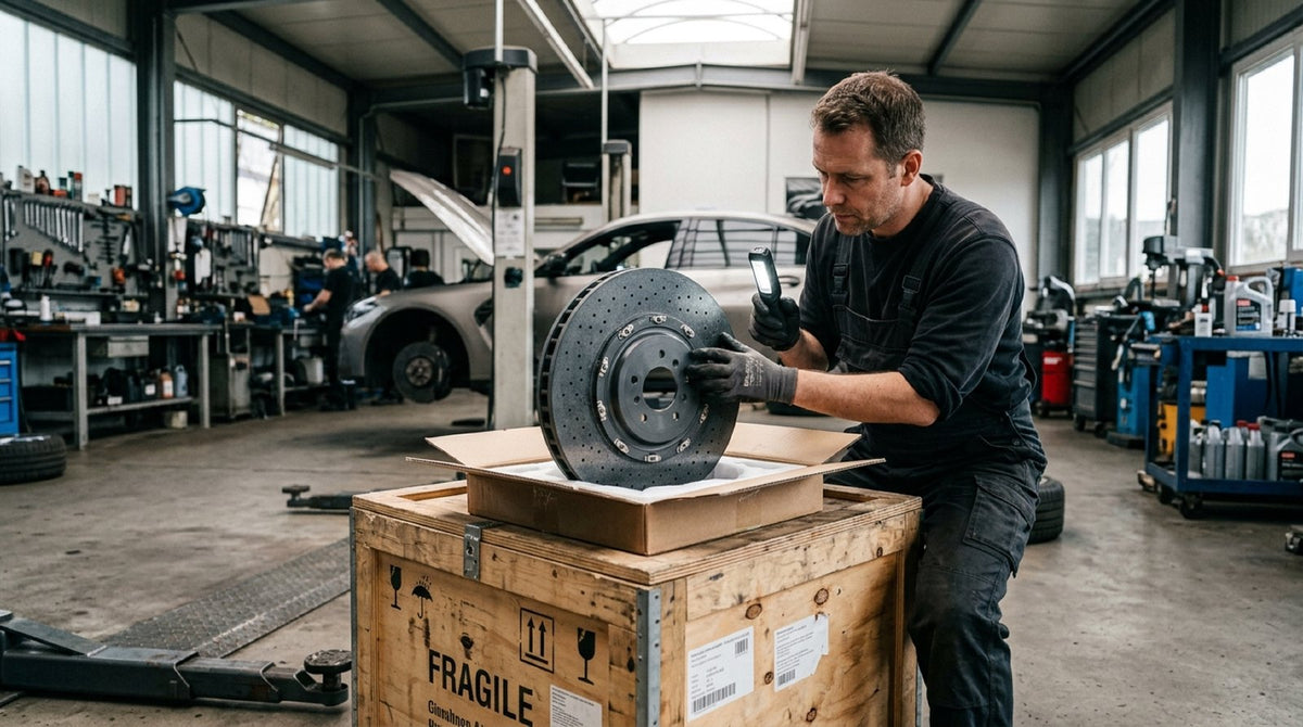 Packaged high-performance brake rotors staged in an automotive workshop for overseas air freight dispatch