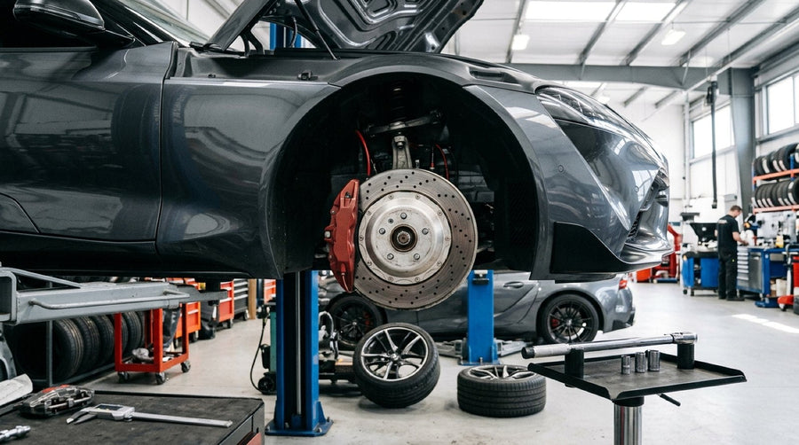 Mechanic inspecting front hub assembly before installing a multi-piston Big Brake Kit on a sports car