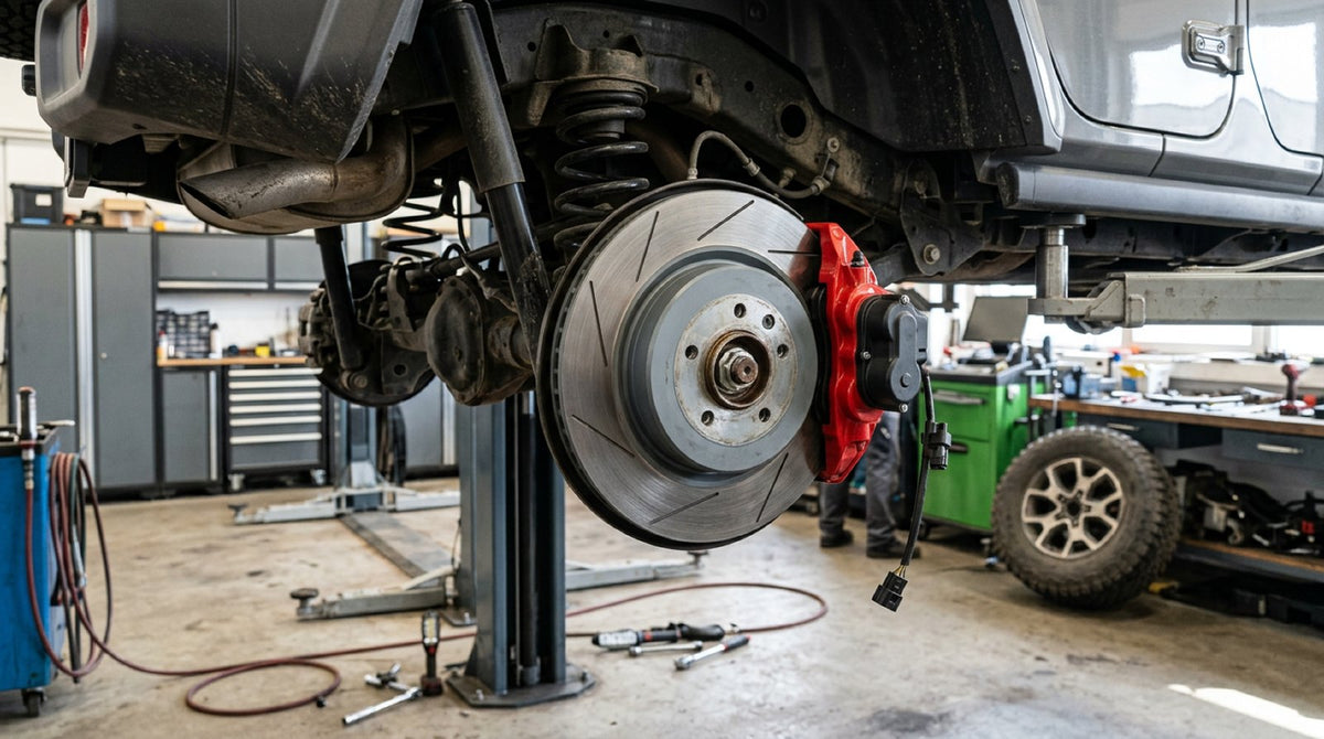 Rear suspension assembly showing an upgraded rear rotor and caliper bracket on a modern Jeep Big Brake Kit setup.