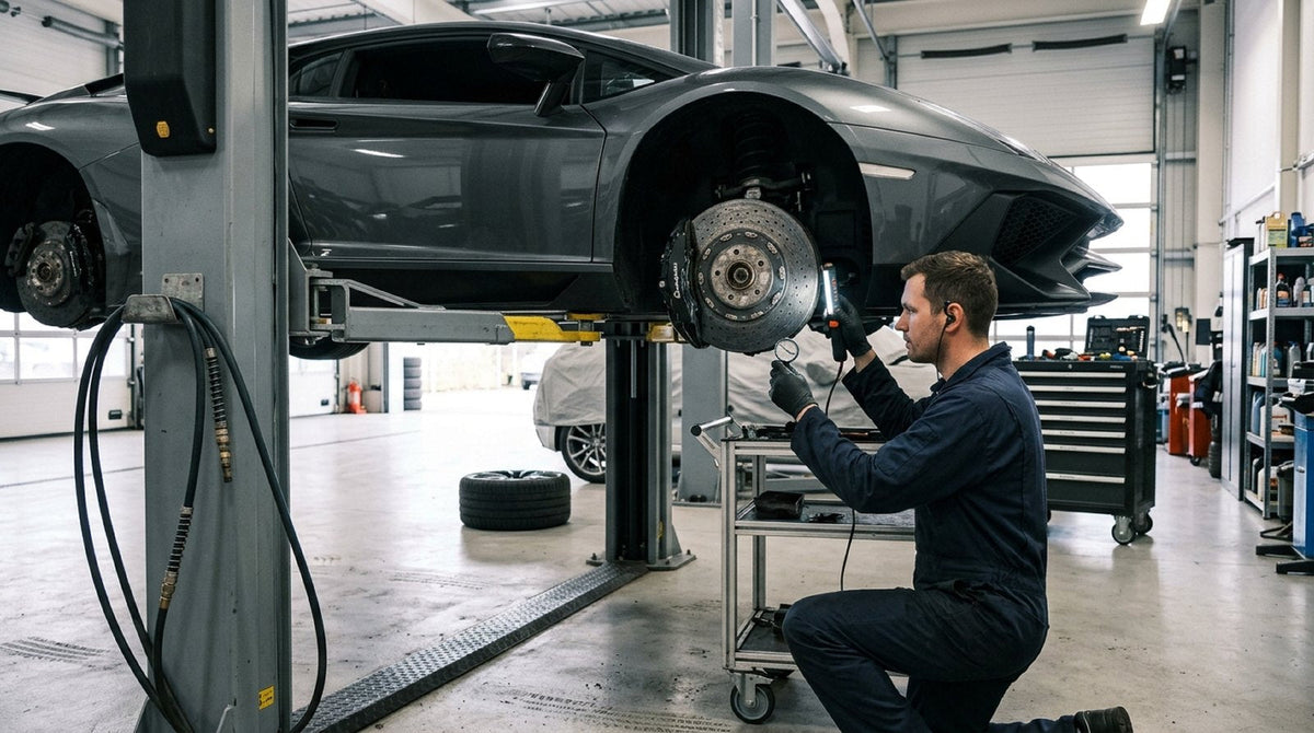 Close-up inspection of a Lamborghini carbon ceramic brake disc and caliper in a workshop bay.