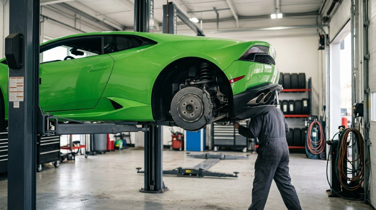 Lamborghini carbon ceramic rotor performance inspection during a track brake disc service