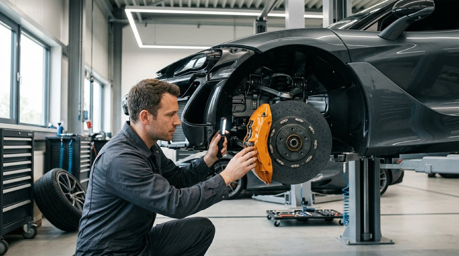 Lamborghini Temerario caliper design mounted behind multi-spoke wheel next to carbon ceramic rotor