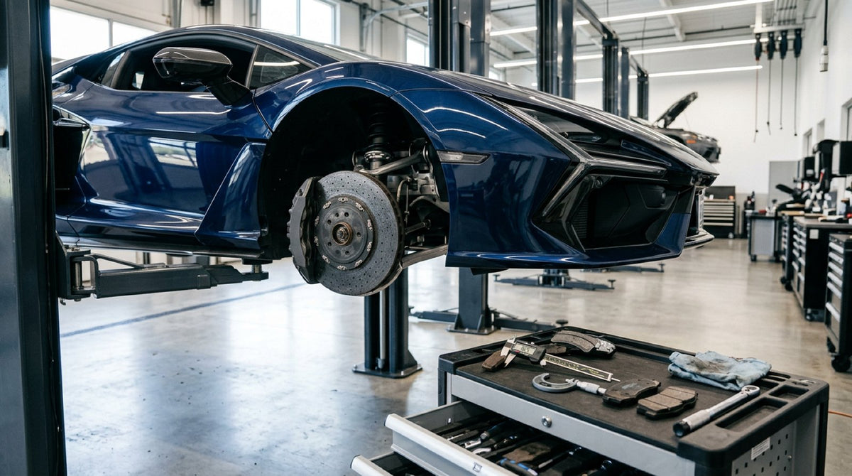 Front carbon ceramic brake assembly on a Lamborghini Temerario mounted in a professional workshop bay.