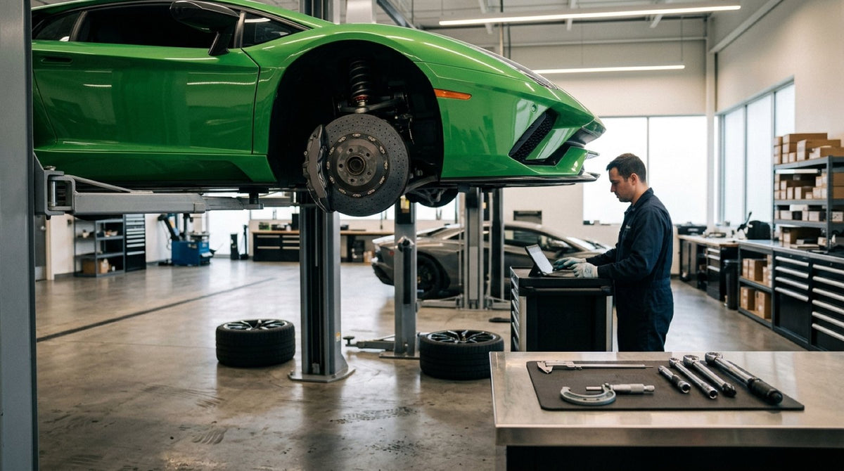 Technician inspecting Lamborghini Temerario front brake pads and carbon ceramic rotor on a workshop lift