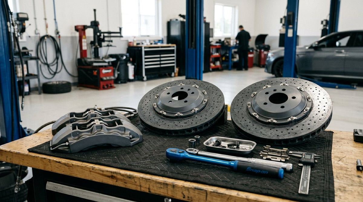 Mercedes carbon ceramic brake conversion rotors and calipers on a workshop inspection bench.