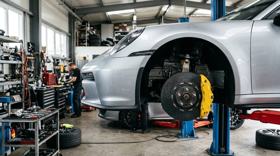 Front axle hub assembly with a Porsche Big Brake Kit showing carbon ceramic rotor and yellow monobloc caliper.