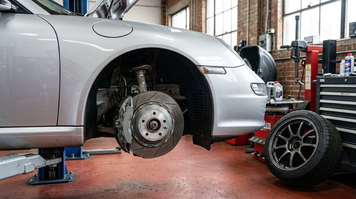 Front Porsche Big Brake Kit caliper and rotor installed behind an 18-inch motorsport wheel