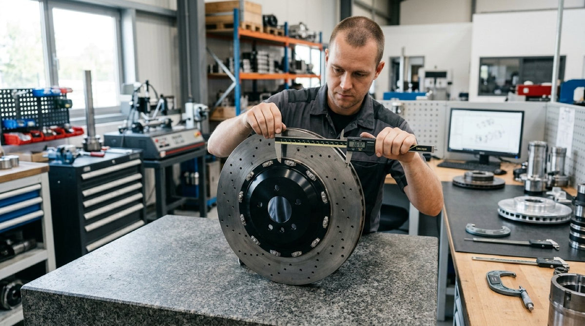 Brake technician measuring the rotor annulus width and friction swept band on a high-performance brake disc assembly