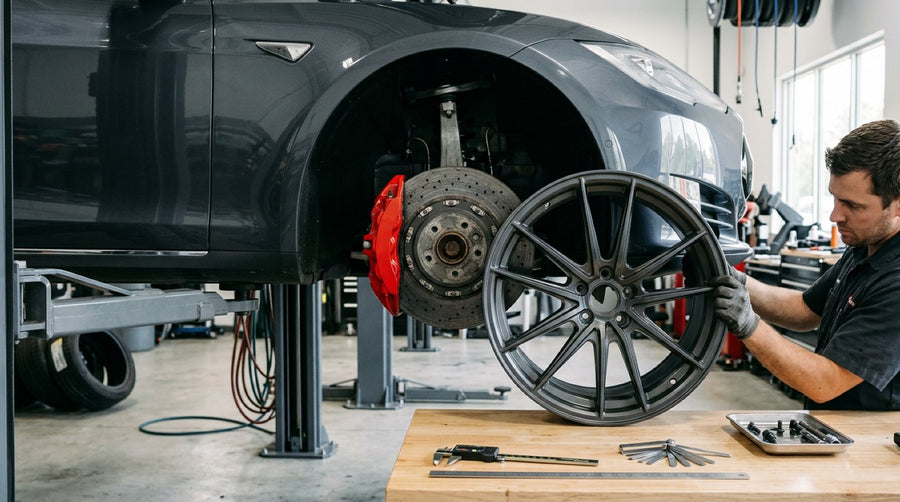 Tesla Big Brake Kit with carbon ceramic rotor and six piston caliper mounted behind an aftermarket alloy wheel