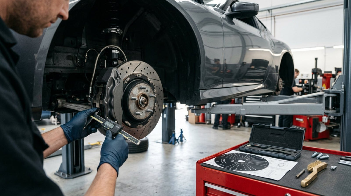 Technician checking wheel clearance for a Nissan Big Brake Kit using a printable radial profile template.