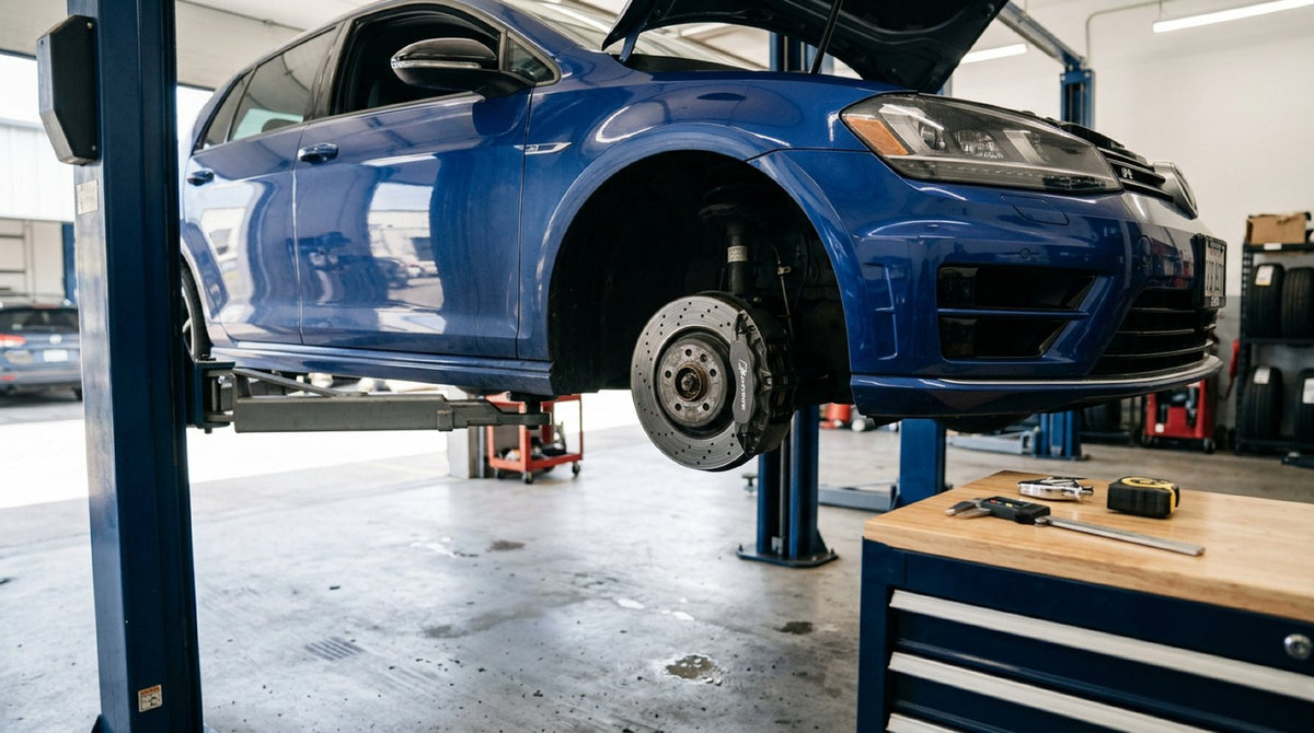 Front wheel assembly with multi-piston caliper on a Volkswagen Big Brake Kit setup