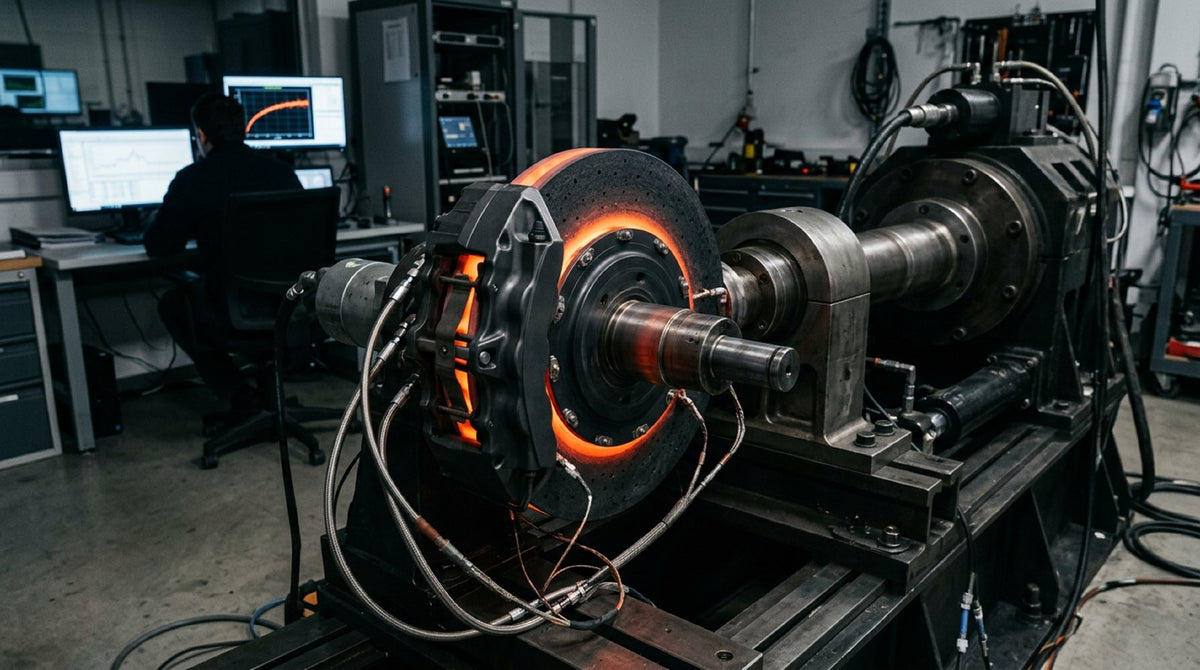 Laboratory brake dynamometer testing carbon ceramic pad friction test data on a ventilated rotor