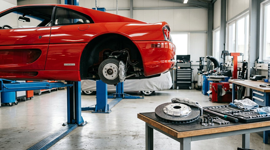 Technician inspecting high performance brake rotors for a Ferrari inside a clean supercar workshop
