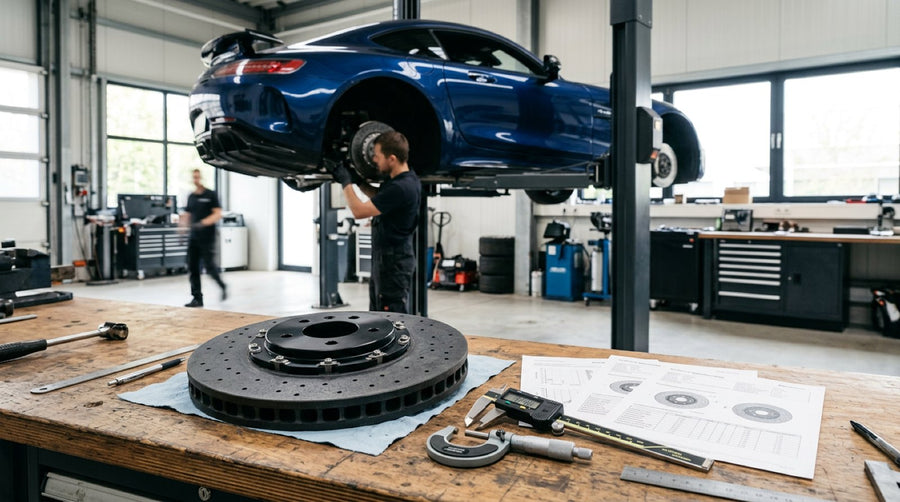 Digital caliper measuring the bell hat offset and disc diameter of a carbon ceramic brake rotor on a workbench.