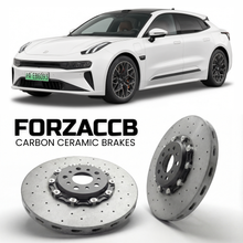 ForzaCCB direct OEM replacement carbon ceramic brake rotors for 2021 and newer Zeekr 001 models, shown with a white Zeekr 001 car.