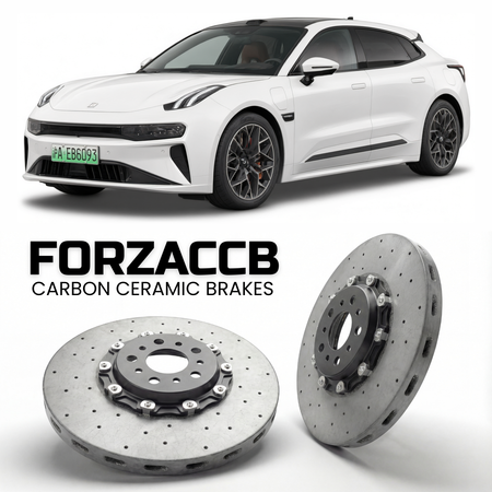 ForzaCCB direct OEM replacement carbon ceramic brake rotors for 2021 and newer Zeekr 001 models, shown with a white Zeekr 001 car.